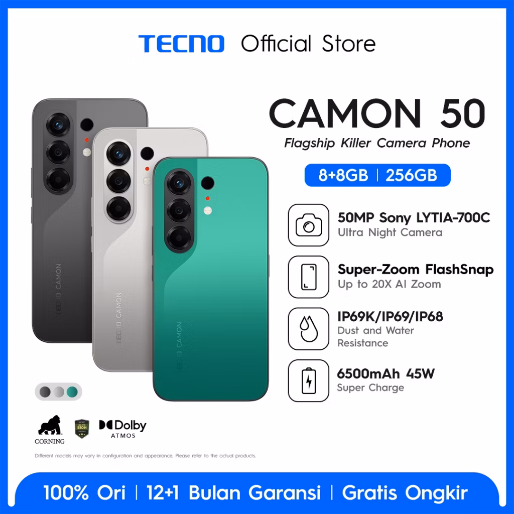TECNO CAMON 50 8GB+8GB*/256GB, 50MP Sony + 8MP Ultra Wide, 32MP Front Camera, 1.5K 144Hz