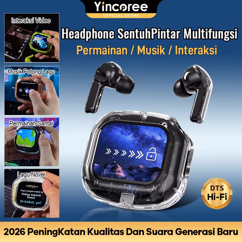Yincoree A7 Bluetooth Earphone 2026 Touch Screen Warna, ANC Noise Cancelling, Smart Display, Tahan Lama